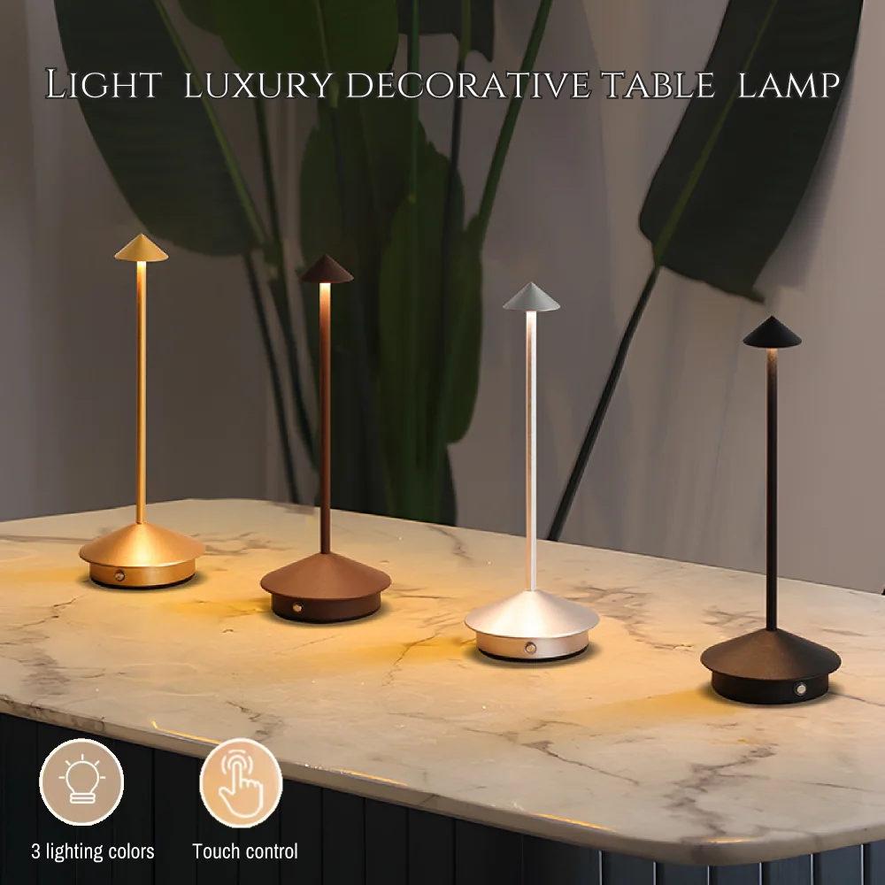 Creative LED Pointed Desk Lamp Charging Touch 3 Color Stepless Dimming Night Light Hotel Bar Restaurant Table Decoration