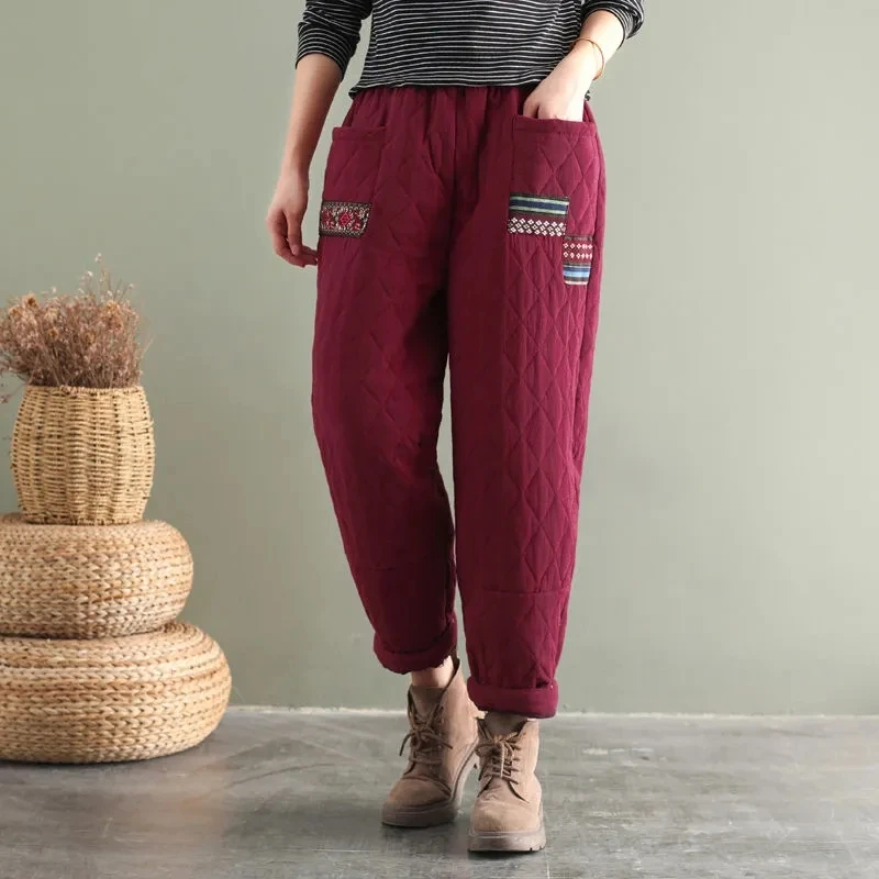 

Winter Vintage Harem Pants Women Quilted Thickened Warm Baggy Plus Size Cotton Trousers Fall Retro Diamond Ethnic Style Pants