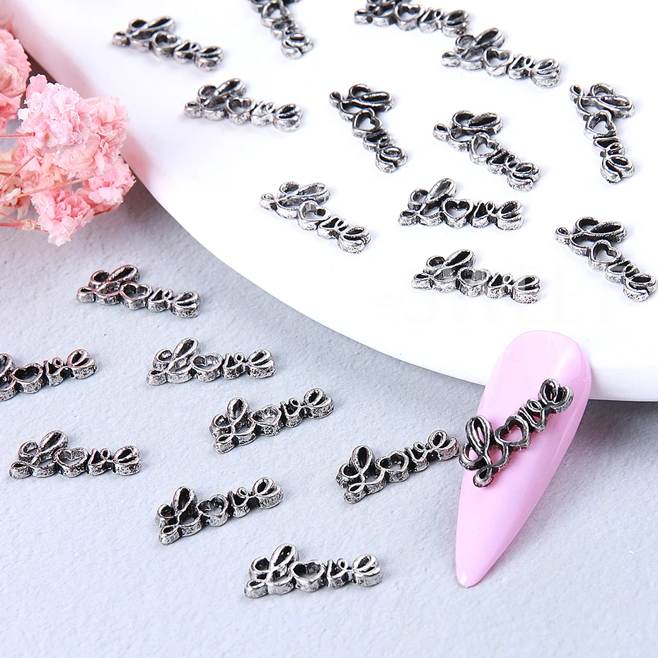 20pcs 은색 합금 사랑 편지 네일 장식 3D 금속 사랑 편지 네일 매력 장식 Y2K 매니큐어 네일 부품 액세서리