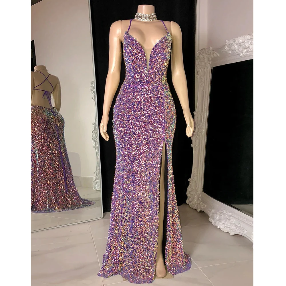 

Women's Evening Dresses Mermaid Glittering Sequins Sexy Side Slit Sleeveless Shoulder Less Princess Prom Beach Formal Party Robe