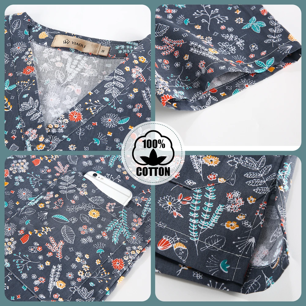 Nurse Scrubs Top Cotton Print V-neck Short Sleeved For Medical Work
