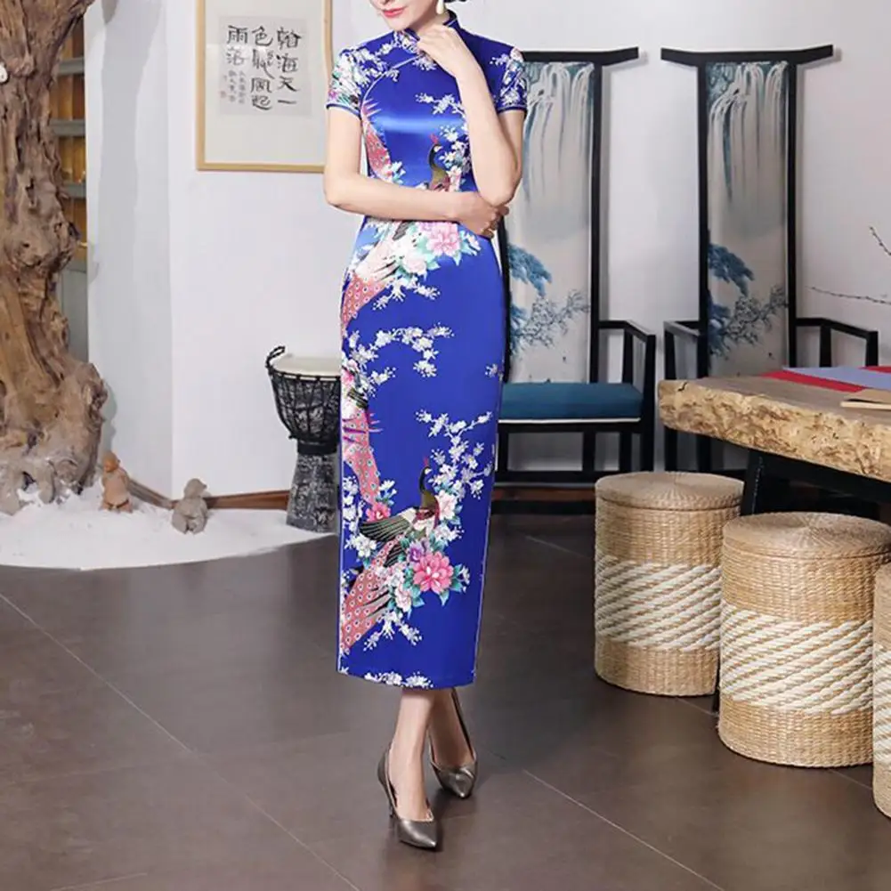 

Chinese Cheongsam Dress Floral Print Stand Collar Chinese Qipao Dress with High Side Split Chinese Knot Buttons Slim for Women's