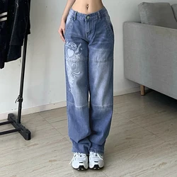 Weiyao vintage imprimir cintura baixa y2k calças jeans estéticas 90s grunge reta jeans mulher streetwear casual solto bonito