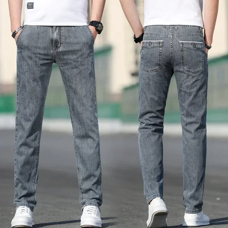2025 Summer New Men's Loose Gray Jeans Fashion Casual Stretch Straight-leg Denim Pants Male Light Blue Men's Trousers 3
