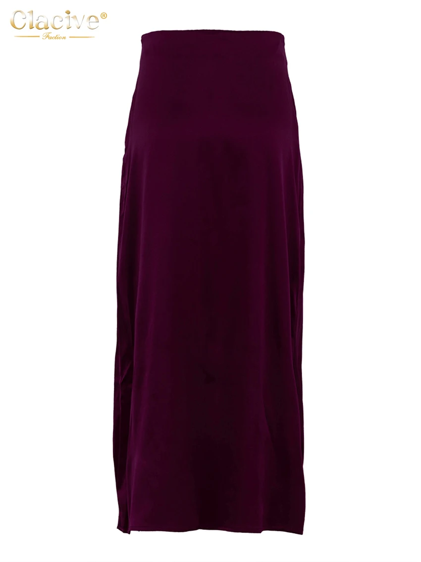 Clacive Fashion Loose Wine Red Satin Skirts For Women Elegant High Waist Ankle Length Skirt Casual Simple Skirt Female Clothing 6