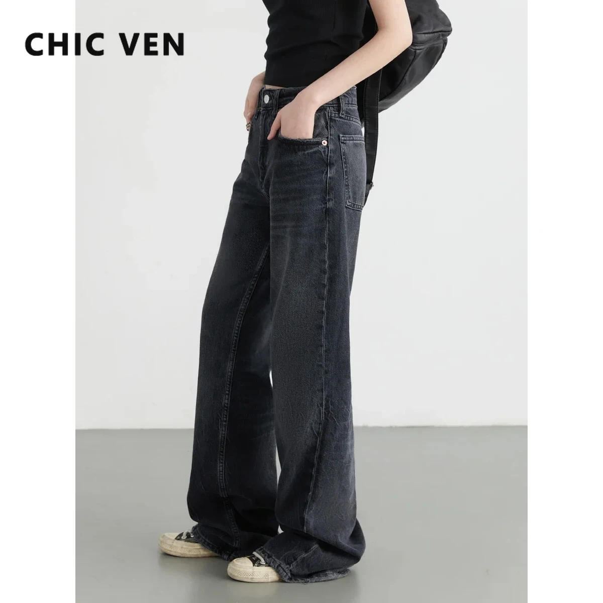 

CHIC VEN Women Jeans Loose Solid Black New Wide Leg Mop Denim Pants Straight Leg Female Trousers Spring Summer 2024