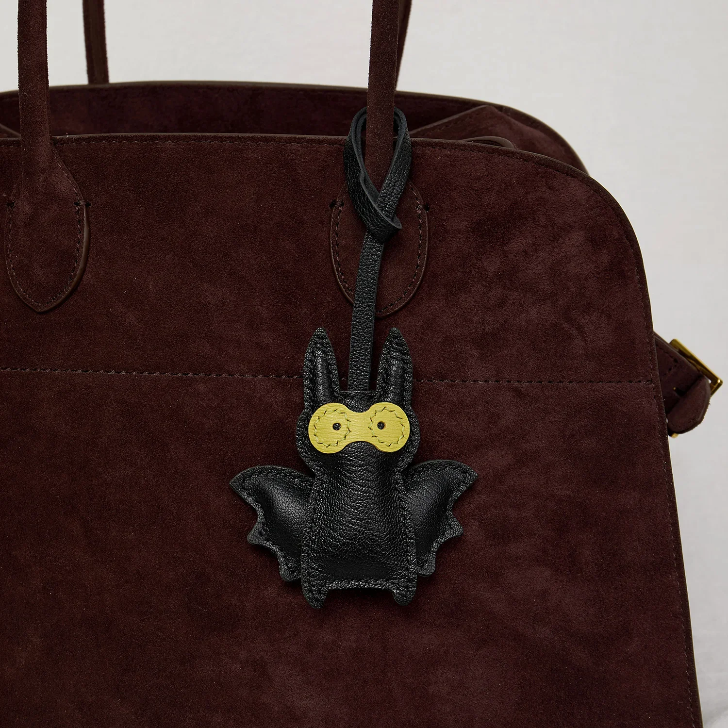 Black bat leather bag charm front view