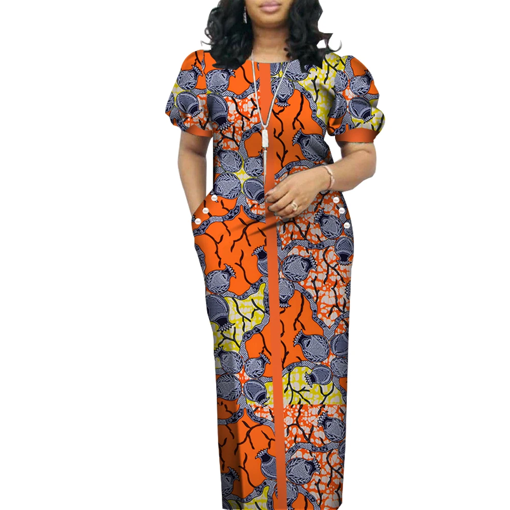 Elegant Women African Dress O-neck Short Puff Sleeve Long Maxi Dresses African Print Clothing Bazin Riche Plus Size Dress WY4542