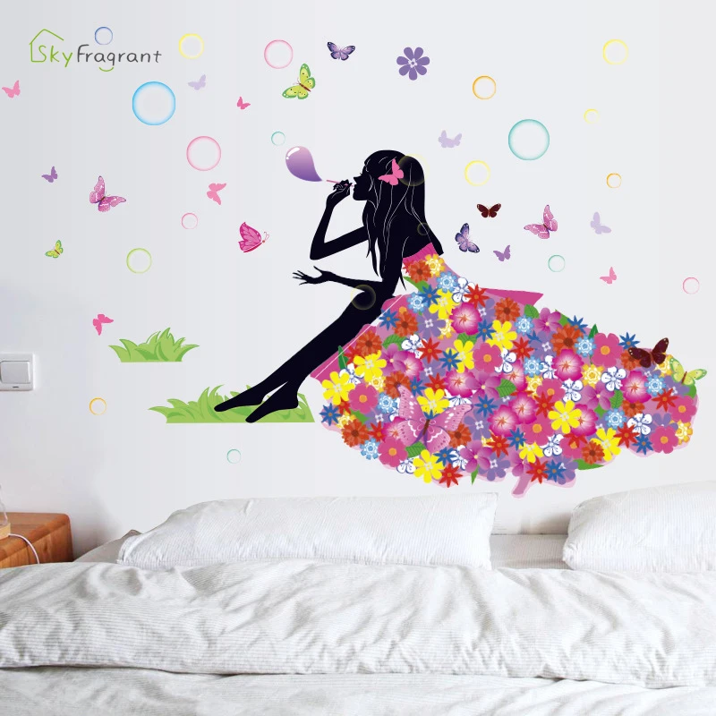 Creative Flower Fairy Wall Stickers For Living Rooms Kids Room Girl Bedroom Wall Decals Home Decor Self-adhesive Vinyl Stricker wall stickers,wall sticker