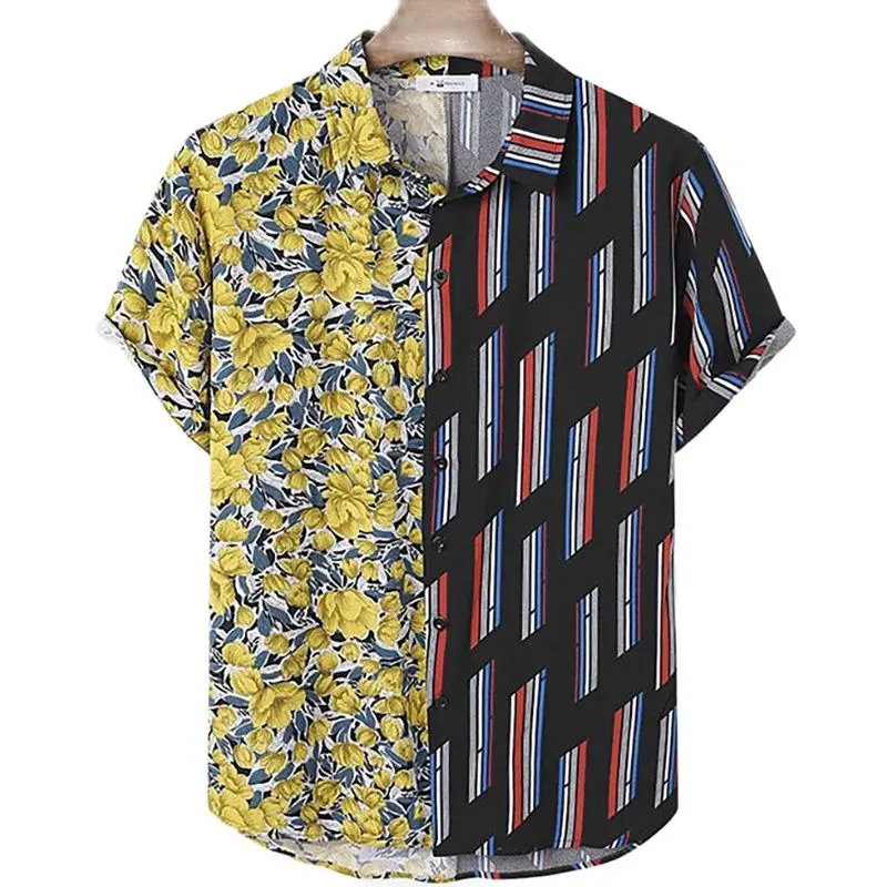 Men's Hawaiian Shirts Striped Floral Print Button-Up Casual Summer Beach Travel Oversized Unisex Clothing 4