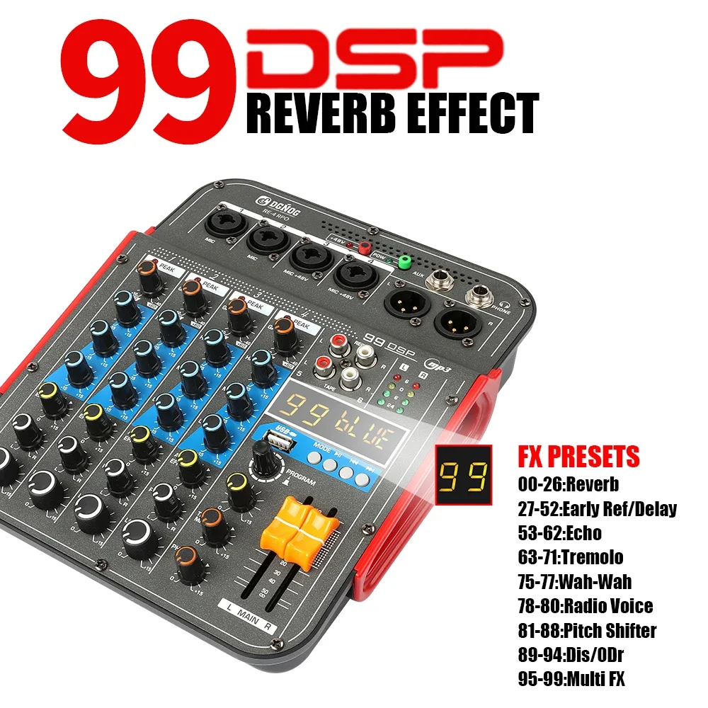 RE-4 PRO 6 Channel Audio Mixer 99 DSP Effects Sound Mixing DJ Console with Bluetooth USB for Party Recording Studio Computer