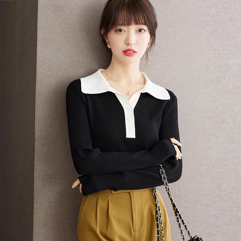 

Fashion Spliced Long Sleeve Lapel Slim Black Sweater Knit Pullovers Tops Women Autumn Winter Elegant Casual Knitwear Lady D2188
