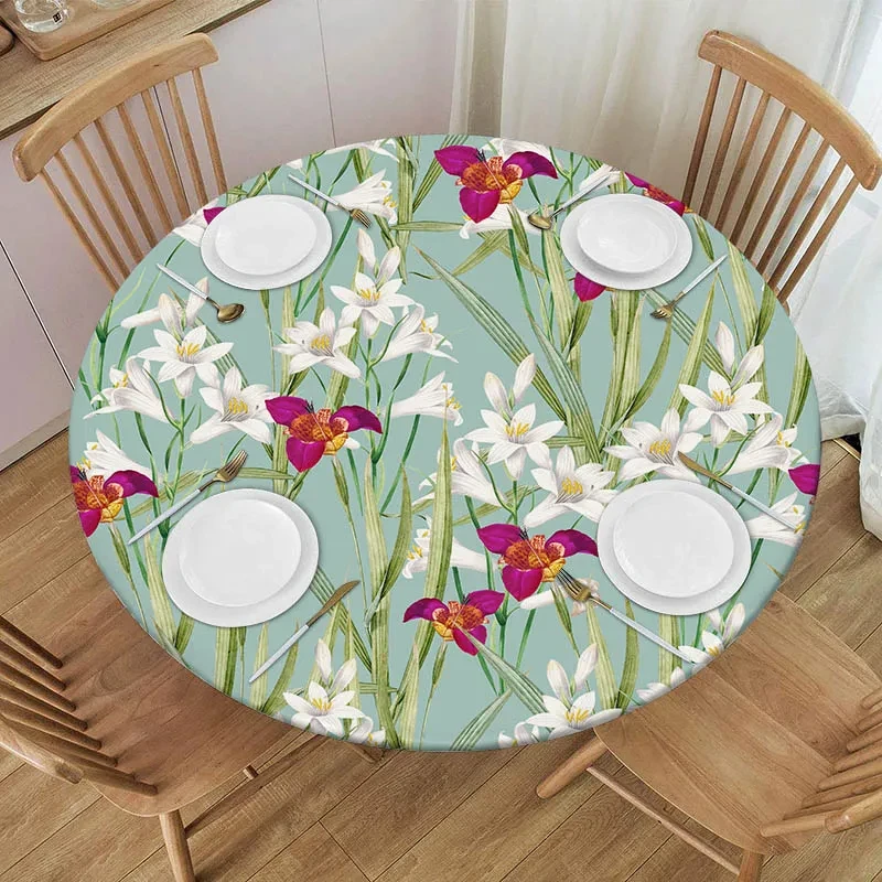 

Plant Flowers Round Fitted Tablecloth Leaf Florl Elastic Edged Waterproof Table Cloth Dining Table Decorations Indoor Outdoor