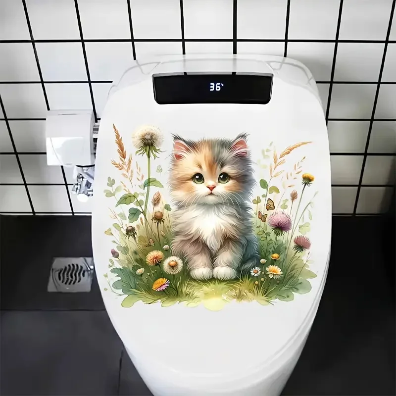 Toilet Stickers Kitten in the Flowers Decoration Living Room Bedroom Home Decor Flowers Wall Decals Self-Adhesive