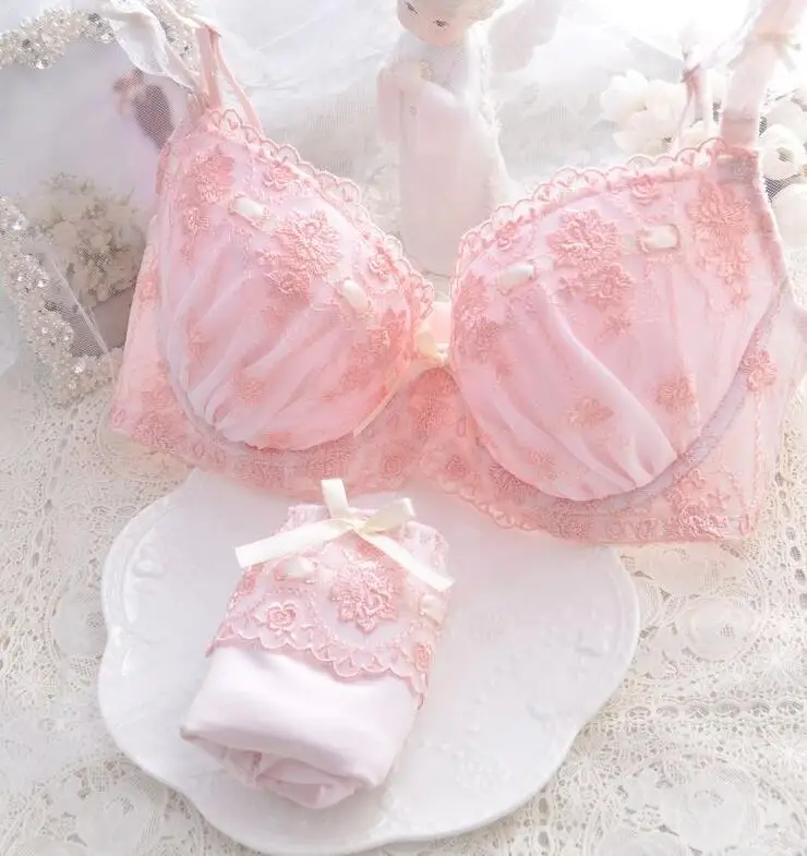 Japanese Lolita Girl Cute Lace Pink Wireless Bra and Panty Set Kawaii  Lingerie Underwear Women Intimates 32 34 36 38 40 A B C D