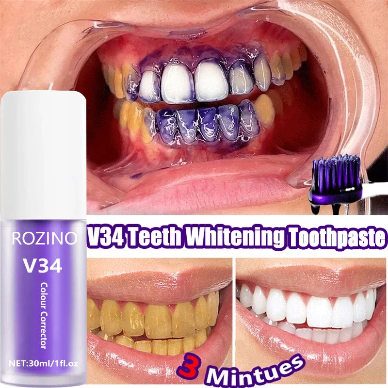 

V34 Teeth Whitening Toothpaste Purple Color Corrector Remove Plaque Stains Cleaning Oral Hygiene Fresh Bleaching Tooth Care 30ml