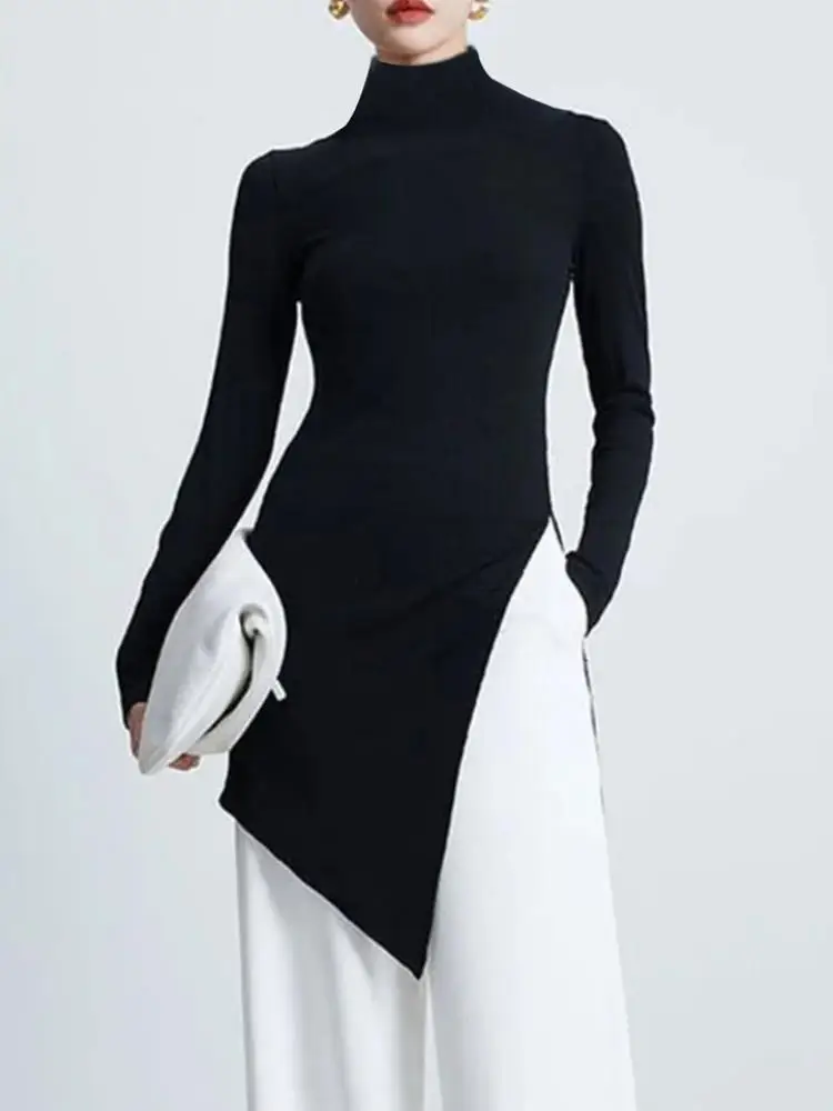 

Женская модная Асимметричная длинная футболка Missuoo, повседневный однотонный черный обтягивающий пуловер с высоким воротником для дам на весну и осень