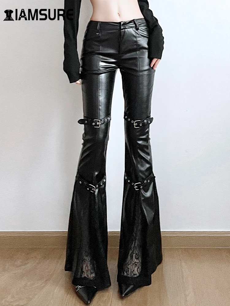 

IAMSURE Sexy Patchwork Pu Leather Flare Pants Casual Slim Low-Waisted Pants Women 2024 Autumn Winter Fashion Streetwear Ladies