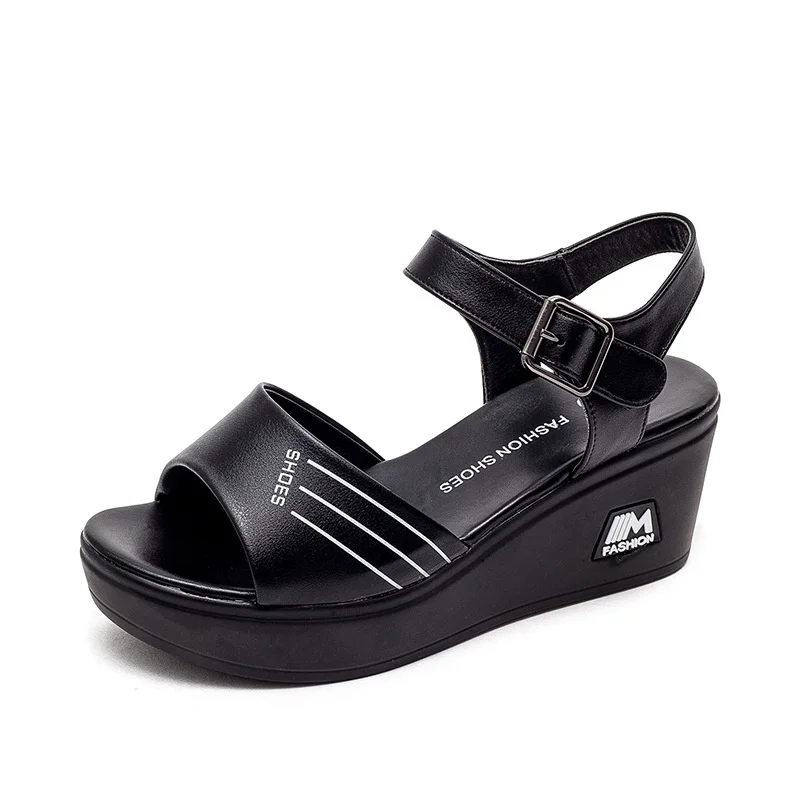 Black Open Toe Wedges Heel Sandals Women's New 2024 Summer Fashion Anti-slip Soft Leather Sole Mother High Heel Sandals