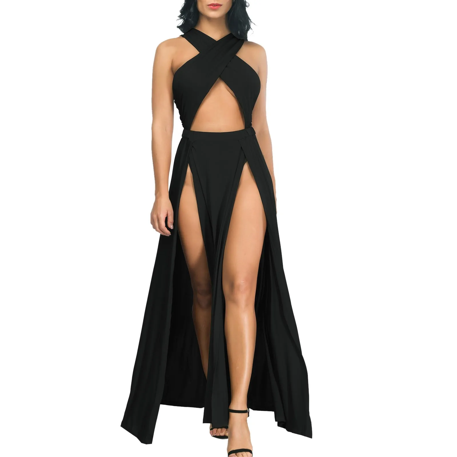 Party Dress Square Collar Long Sleeve Hollow Out Backless Medium Strech Dresses Summer main image 1