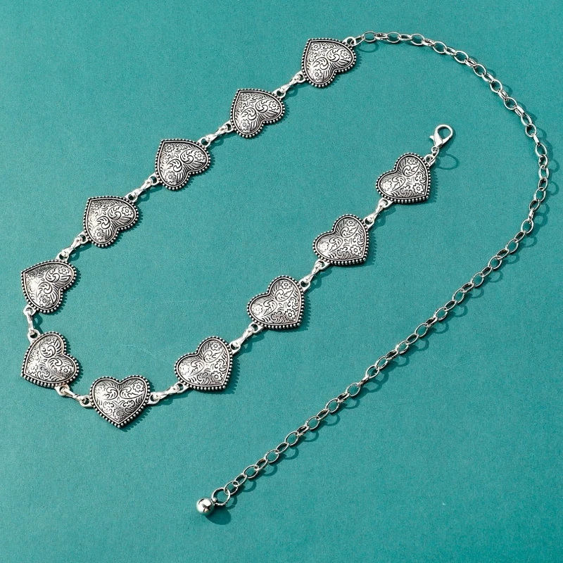 Cinturón de cadena de oro vintage para mujer, cinturón de metal con corazón, cinturones punk góticos para mujer, cinturón fino plateado para pantalón Harajuku._voghion.com