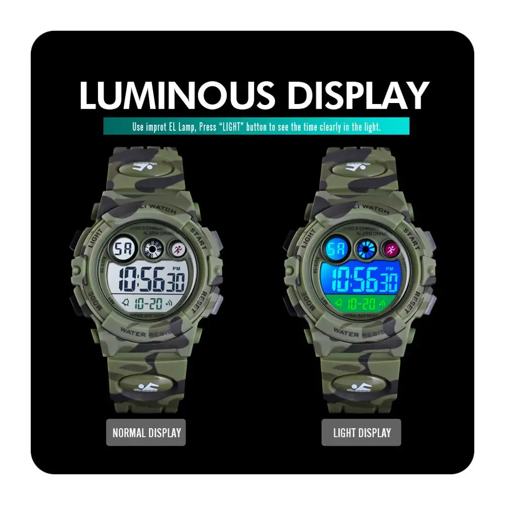 SKMEI Japan Digital movement Boys Girls Waterproof Sport Watches Colorful LED Light Camouflage Wristwatch For Children Kids