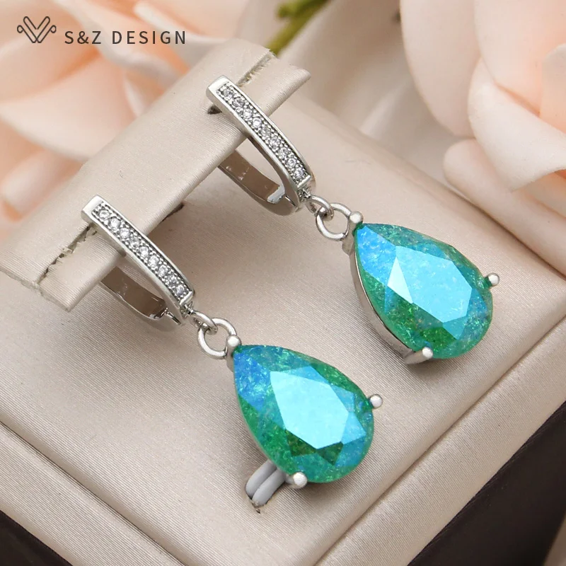 S&Z DESIGN New Fashion Cubic Zirconia Water Drop Ice Crack Crystal Dangle Earrings For Women 585 Rose Gold Color Eardrop Jewelry