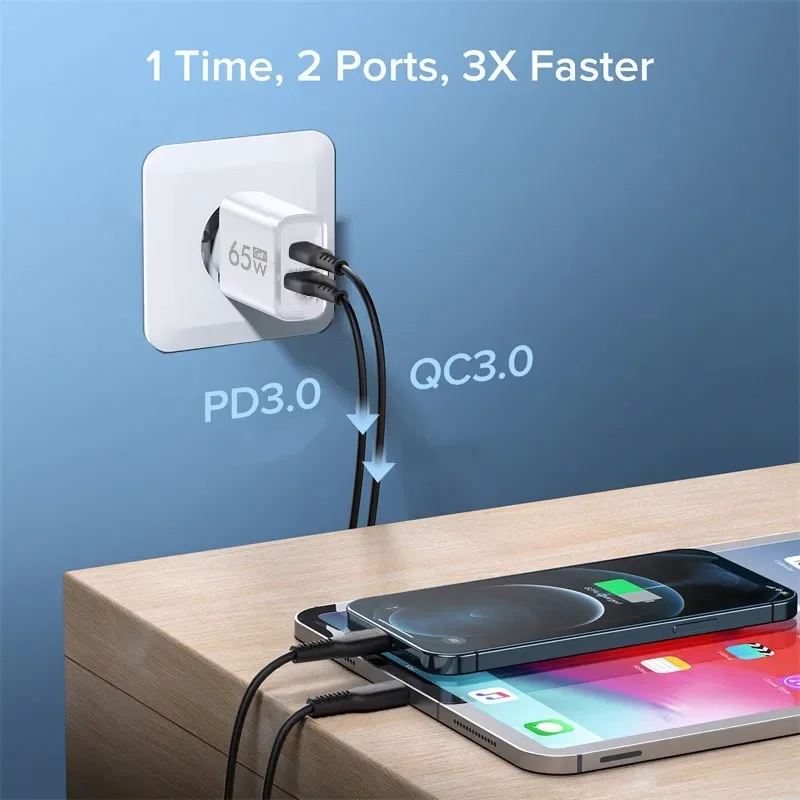 65W GaN USB Charger Quick Charge 3.0 Type C Mobile Phone Adapter For iPhone 15 14 Xiaomi 15 Samsung Fast Charging Wall Charger