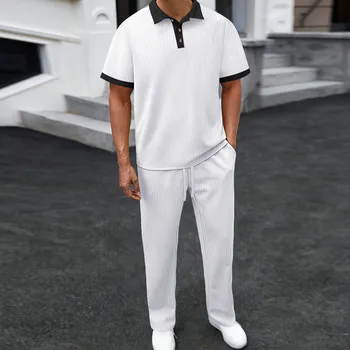 Completo da Uomo 2 Pezzi: Polo e Pantaloni con Colletto a Contrasto Testurizzato, Tuta Casual per Streetwear Quotidiano