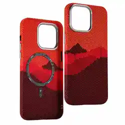 Carbon Color Grid Relief MagSafe Case with Hidden Magnet and Armor Shield Design for iPhone 14 Pro Max (Orange)