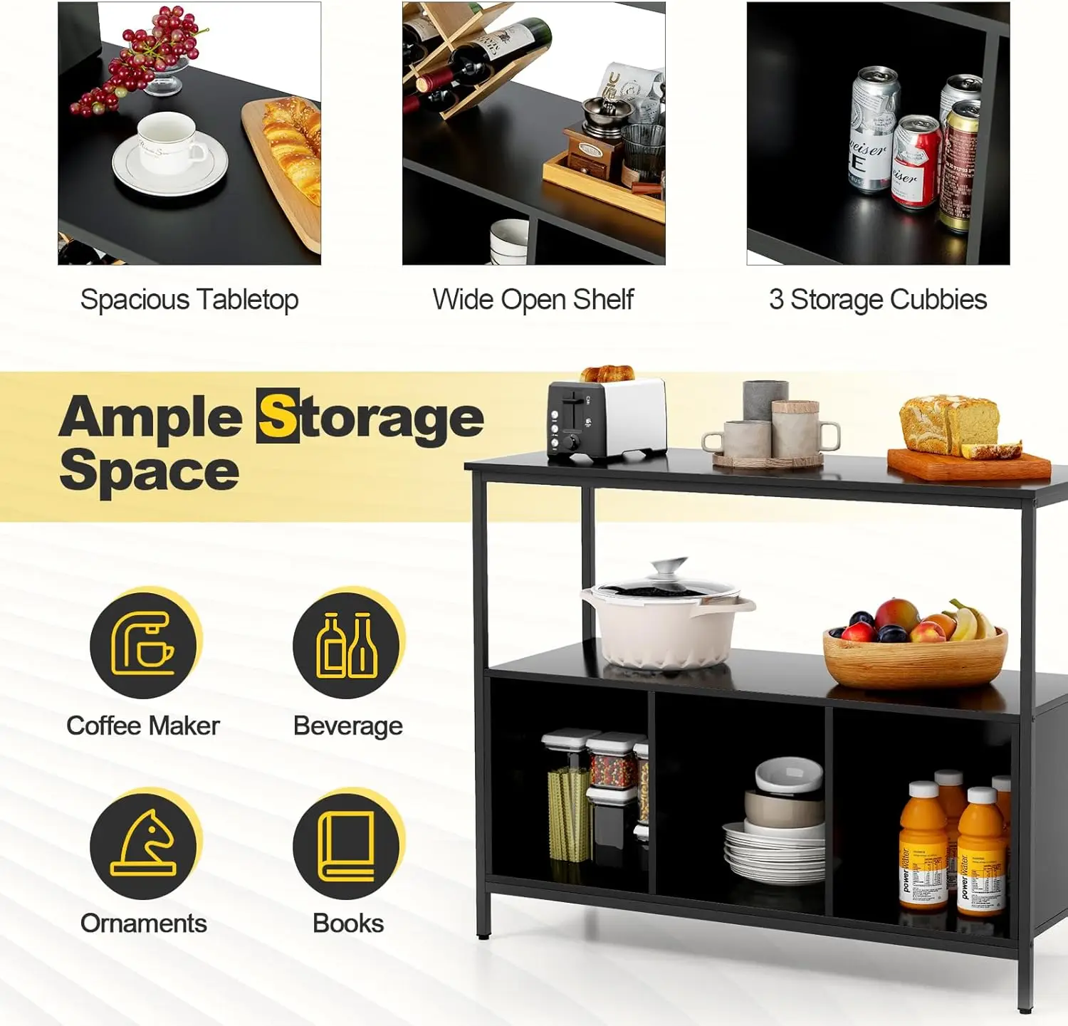 Buffet Cabinet with Storage, Sideboard with 1 Open Shelf & 3 Cubbies, Wood Buffets & Sideboards, Modern Coffee Bar Table