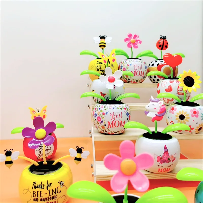 Creative Intelligent Sensing Swaying Sunflower Shaking Head Doll Solar Bee Unicorn Car Decoration