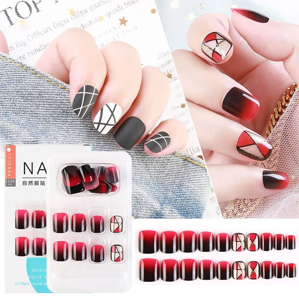Short Round Fake Nails Black White Lines Simple Design Fingernail Tip  Professional French Nail Art For Student Office Lady|False Nails| -  AliExpress