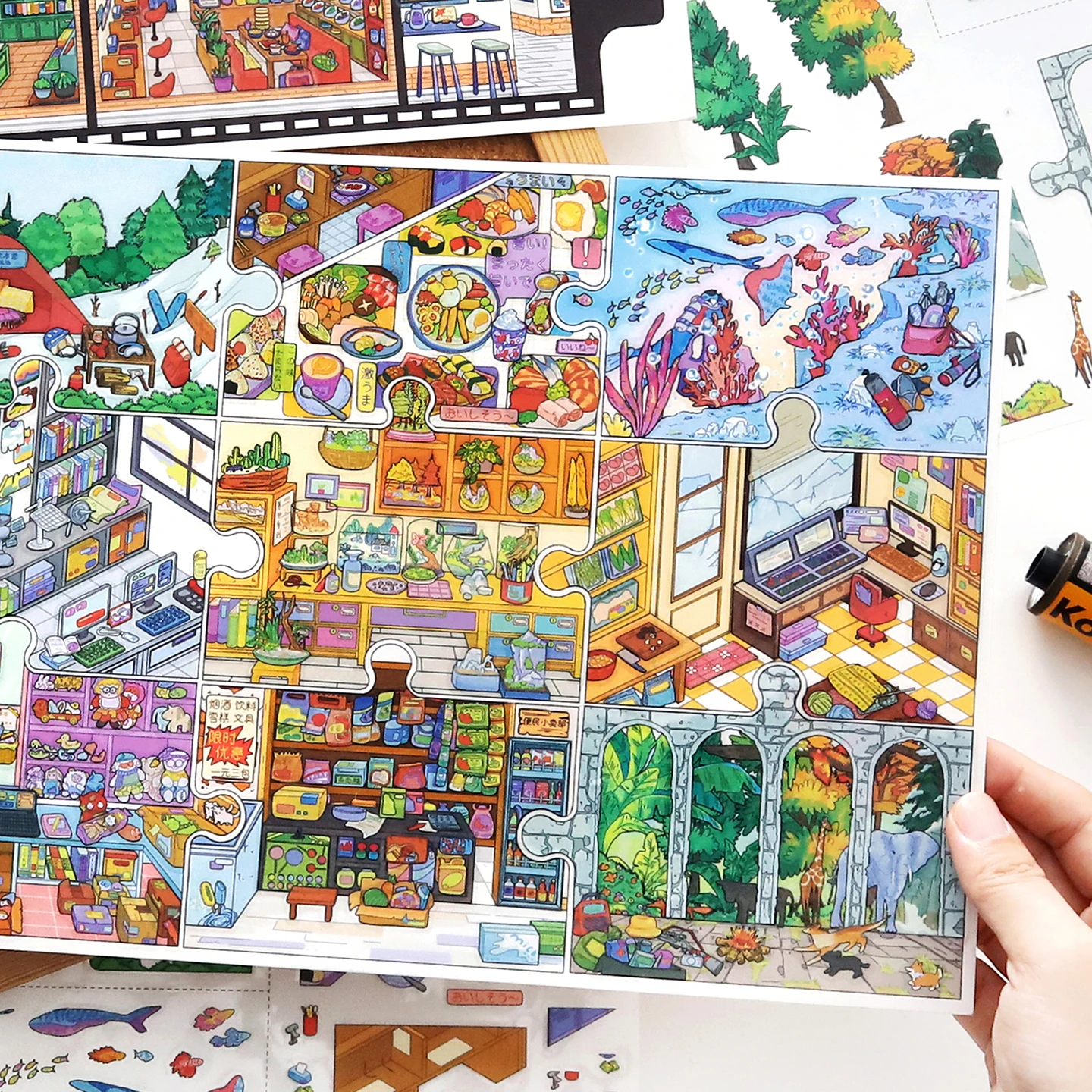귀여운 야외 퍼즐 3D 도시 산책 풍경 스티커 DIY 포켓 캐빈 장면 축제 선물