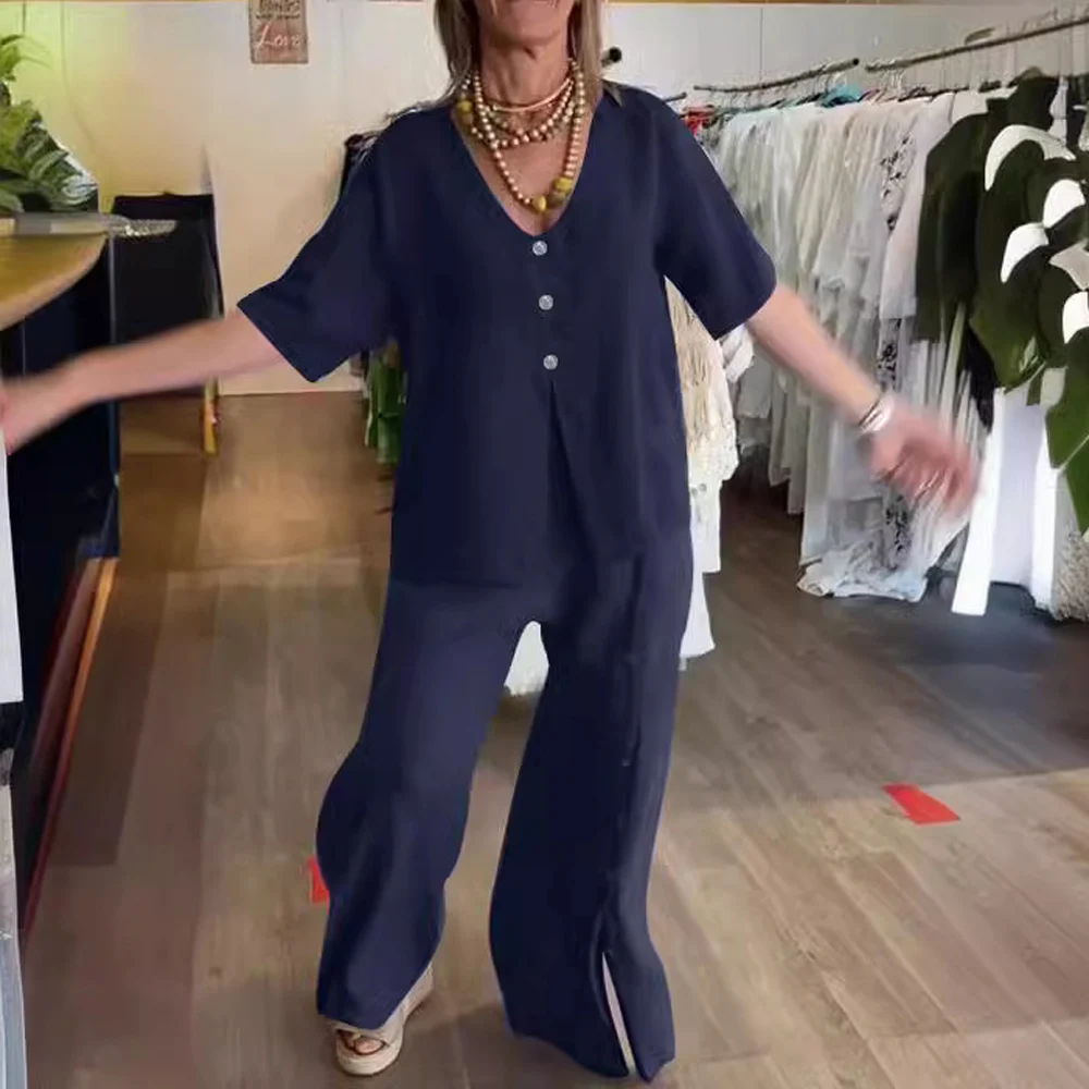 Women Two Piece V Neck Blouse and Wide Leg Pant Suits