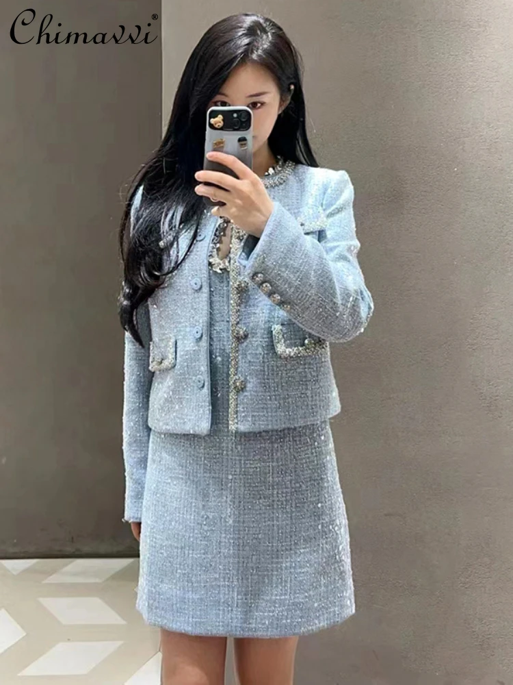 

Spring Female Dress Suit Sky Blue Tweed O-neck Beaded Single Breasted Jacket Crystal Chain Sleeveless A-line Mini Dress Sets