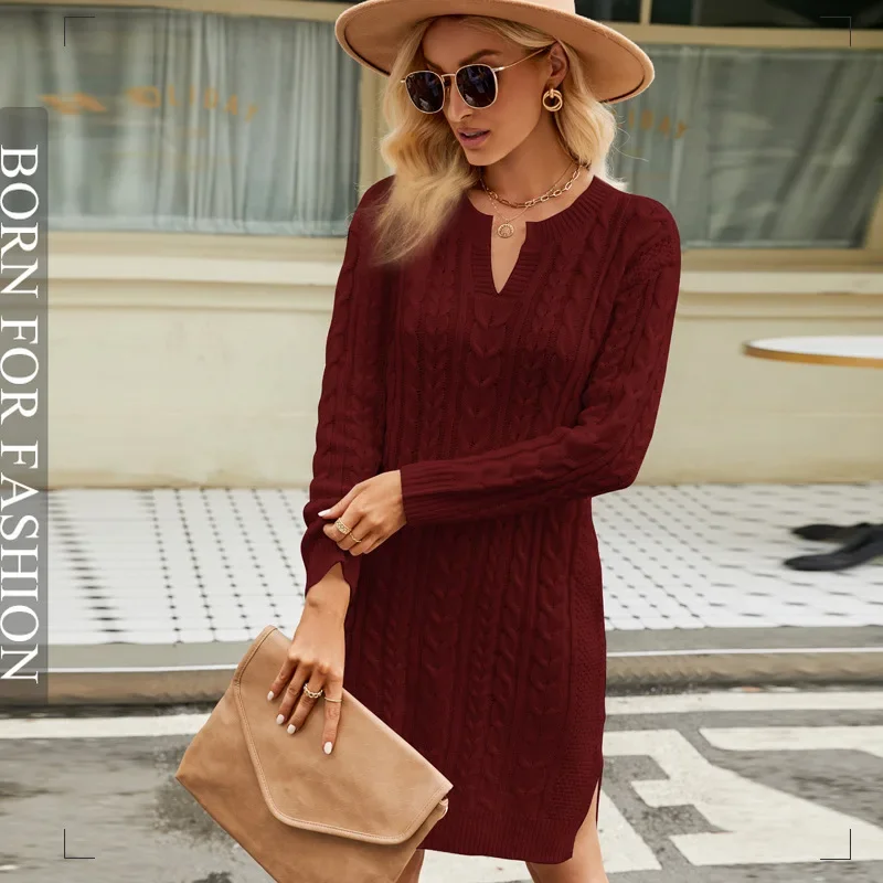 

Short Twisted Flower Knitted Dress Solid V-neck Split Loose Relaxed Long Sleeve Pullover Women's Woolen Dress Autumn/Winter New