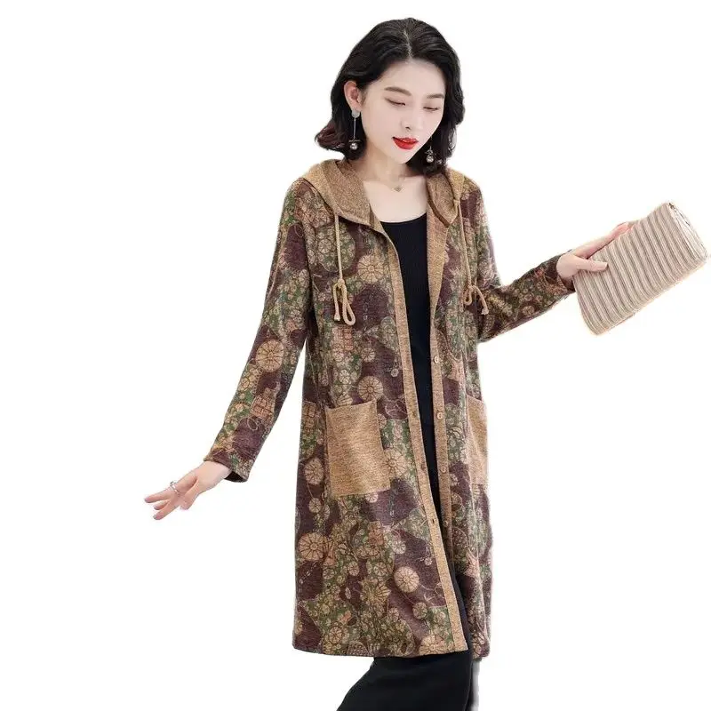 

Куртка женская с капюшоном, пиджак для мам среднего возраста, много пуговиц, свободная литературная куртка с цветочным принтом в стиле ретро, весна-осень