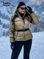 Winter Hooded Down Coat Women With Belt Warm Thick Long Sleeve Stand Collar Parkas Padded Jacket 2025 Lady Sports Ski Outdoor 2