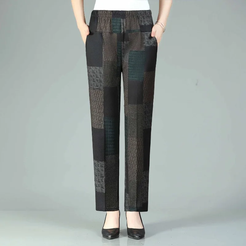 Autumn and Winter Women's High Waist Patchwork Pockets Printing Plaid Slim Loose Fashion Casual Elegant Straight Leg Pants
