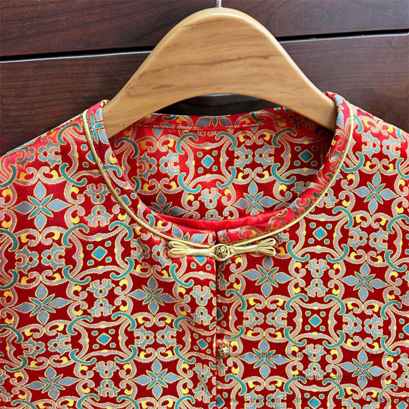 Vintage O-Neck Chinese Style Vest Silk Brocade Jacquard Hanfu Qipao Top Women Elegant Outwear Sleeveless Cheongsam Tang Clothes