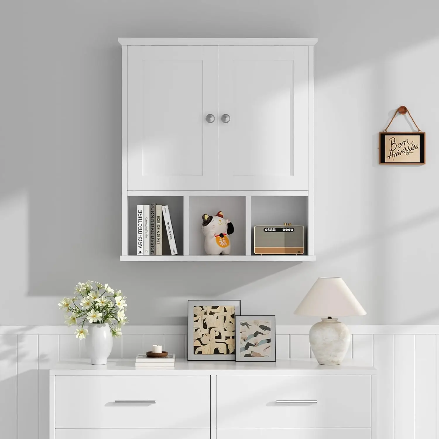 Bathroom Wall Cabinet with Door, Storage Organizer Over The Toilet Medicine, Space Saving with Adjustable & Open Shelf