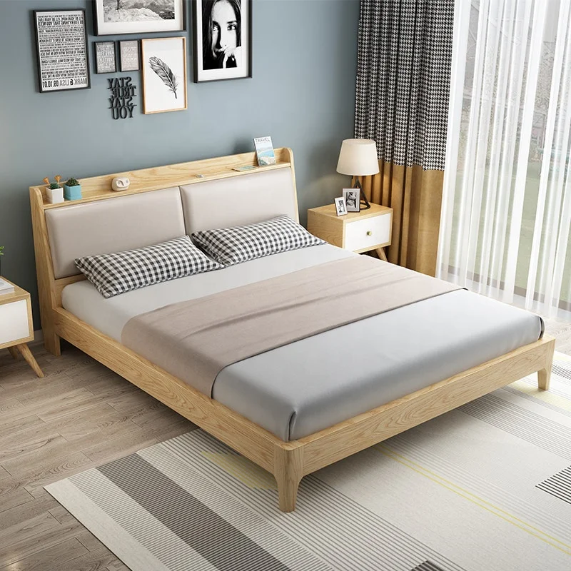 solid wood leg modern king size bed frame double bed with soft leather backrest bed frame grey solid wood 140x200 cm 4ft6 double