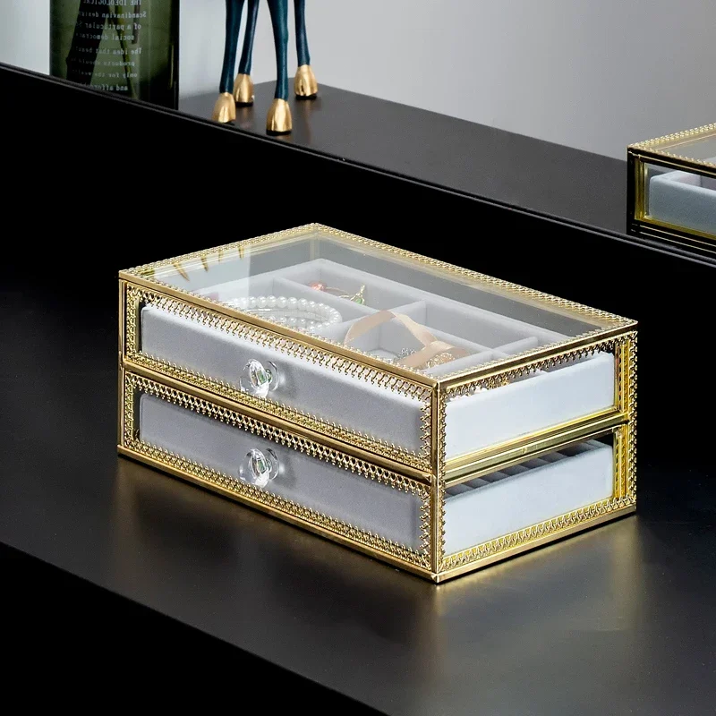 Description Picture 6 of itemCopper Glass Jewelry Storage Box Multi-layer Earrings Ring Necklace European Style Dust-proof