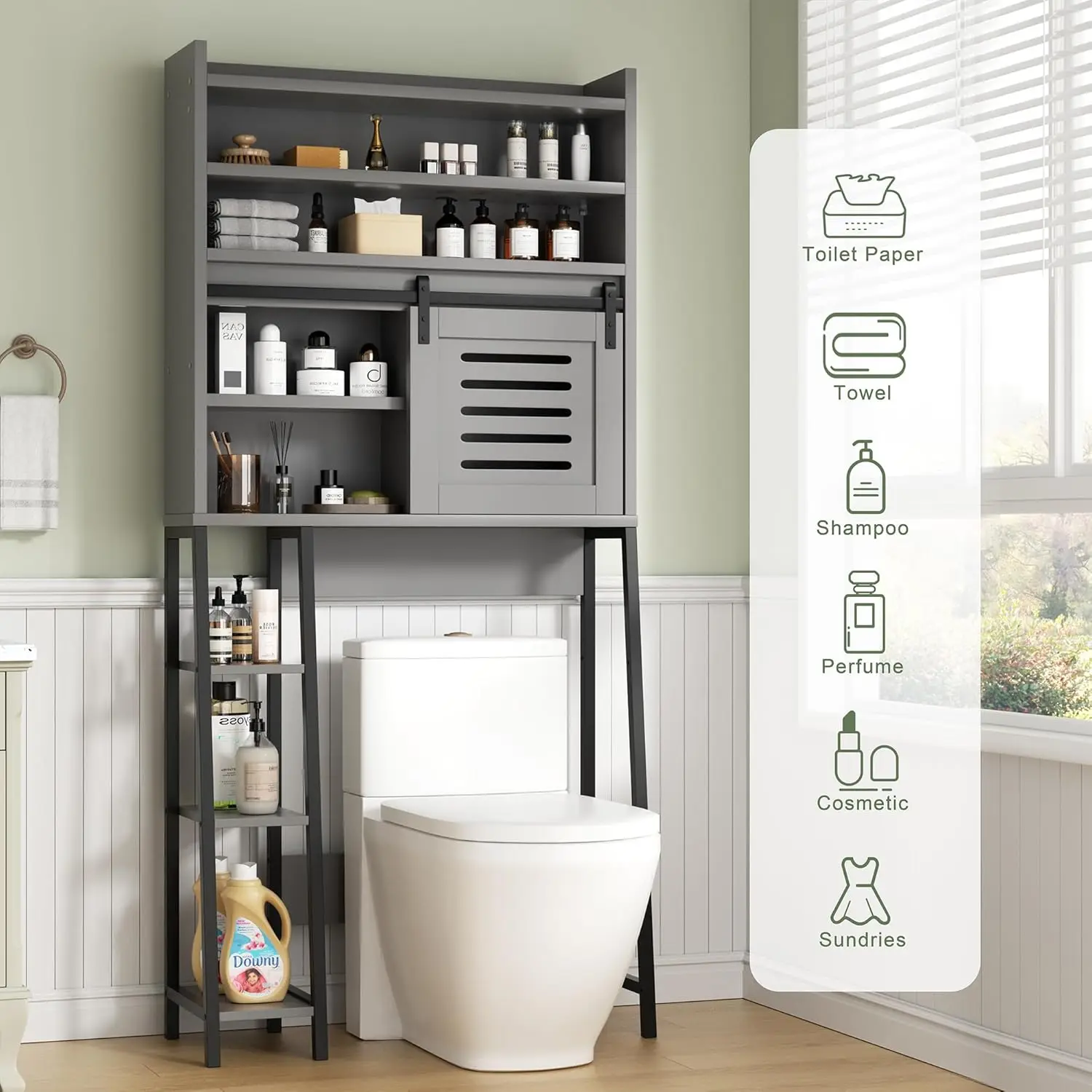 Over Toilet Storage Cabinet. Sliding Doors. Adjustable Shelf. Anti-Tip Device. Gray. For Bathroom.