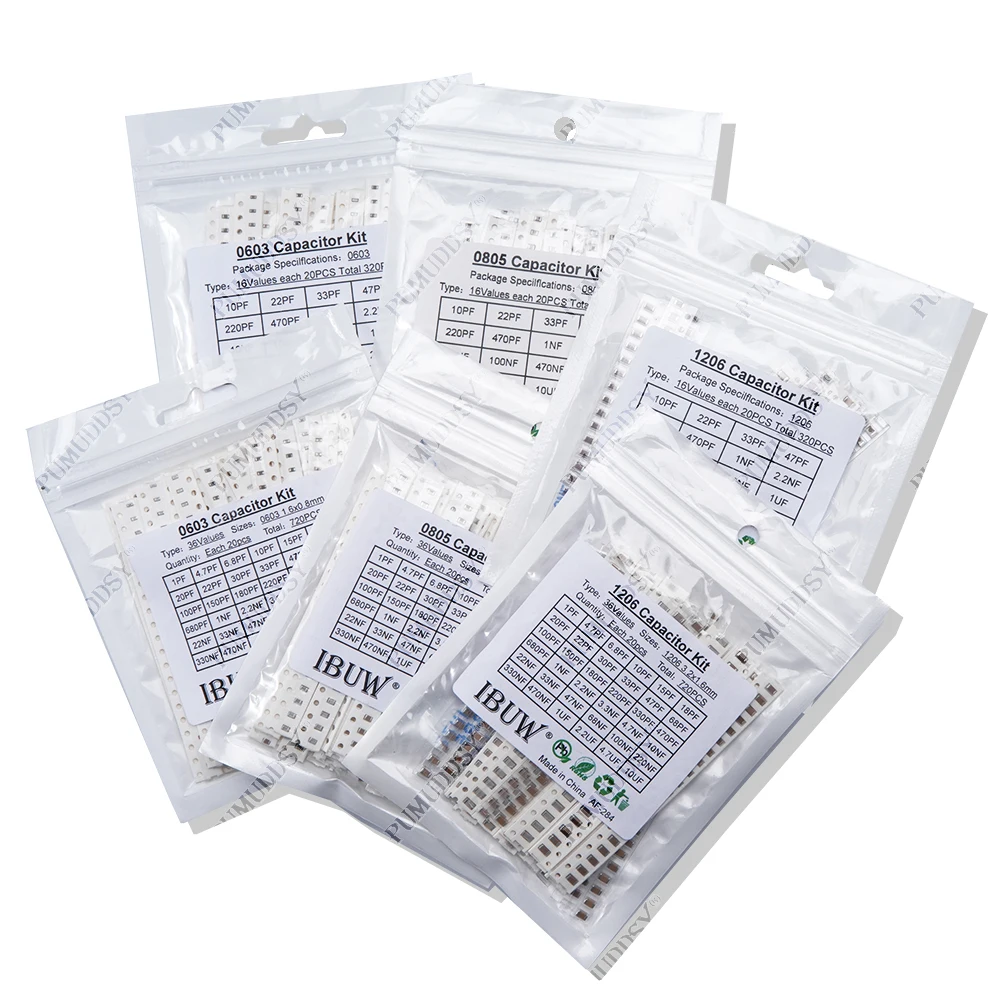 320PCS 720PCS 2500PCS 0603 0805 1206 SMD Capacitor Kit Assorted 16/36/50Values 1PF ~ 1UF