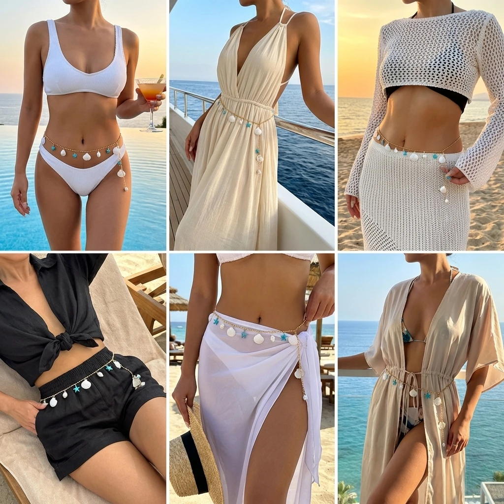 Weiße Acryl-Taillenkette mit Muschel- und Quastendesign für Damen, Bohemian-Stil mit Imitations-Barockperlen und Seesternen, Bikini-Körperschmuck – Detail 3