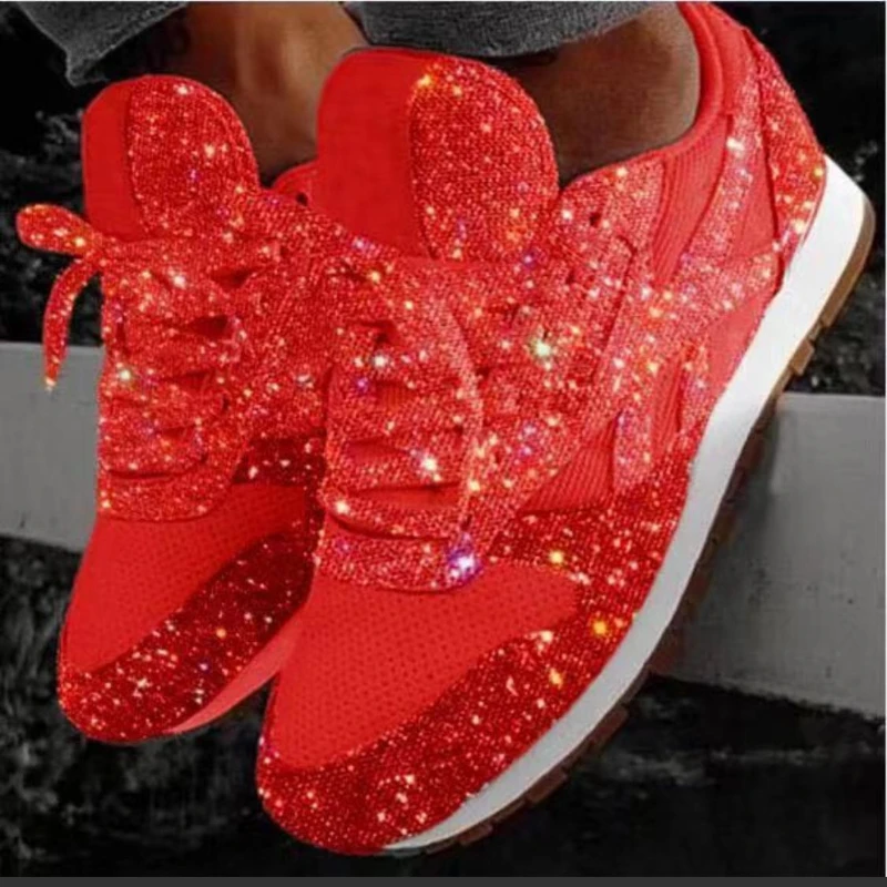 

Trend Women Flat Glitter Sneakers Casual Bling Vulcanized Shoes Female Mesh Lace Up Platform Comfort Fashion Ladies Plus Size 43