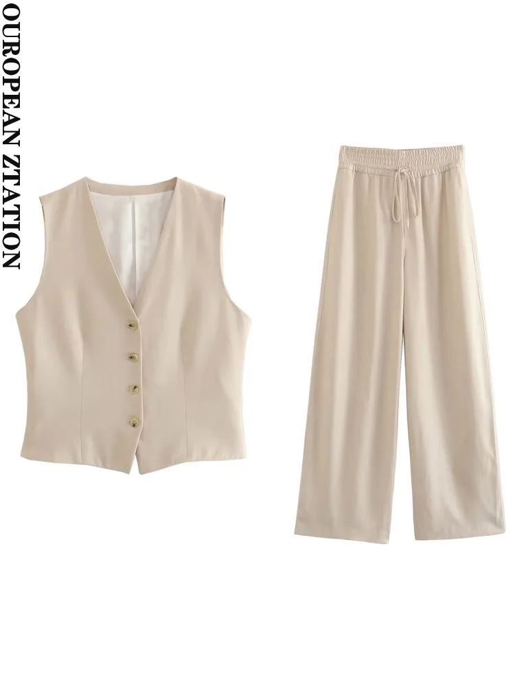

PAILETE Women 2023 fashion with vent waistcoat or high-waist wide-leg flowing trousers two pieces sets mujer