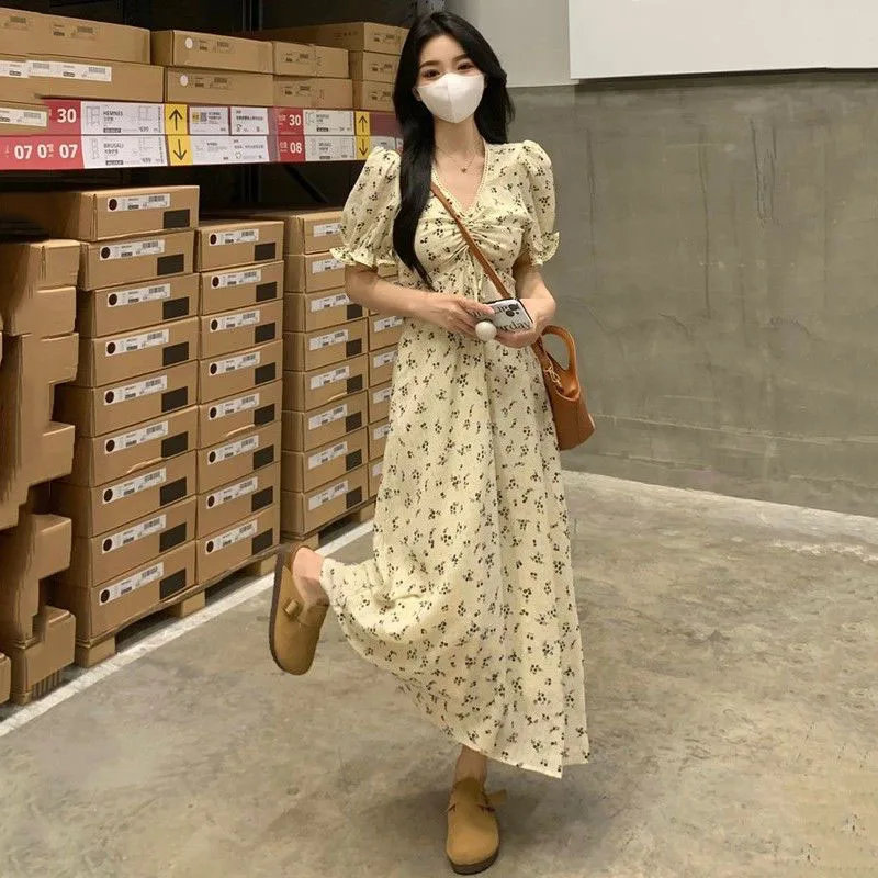Xpqbb 여성용 빈티지 플로럴 롱 드레스, 퍼프 반팔 드로스트링 V넥 원피스, 비치 프린팅 A라인 원피스, 여름